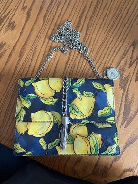 Yellow Lemon Print Crossbody Bag with Silver Chain